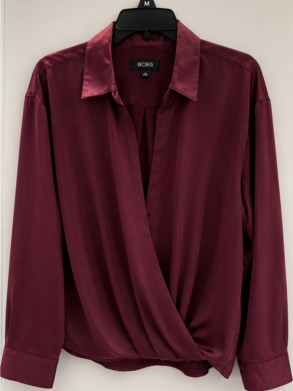 BCBG Satin Wrap Blouse - Burgundy